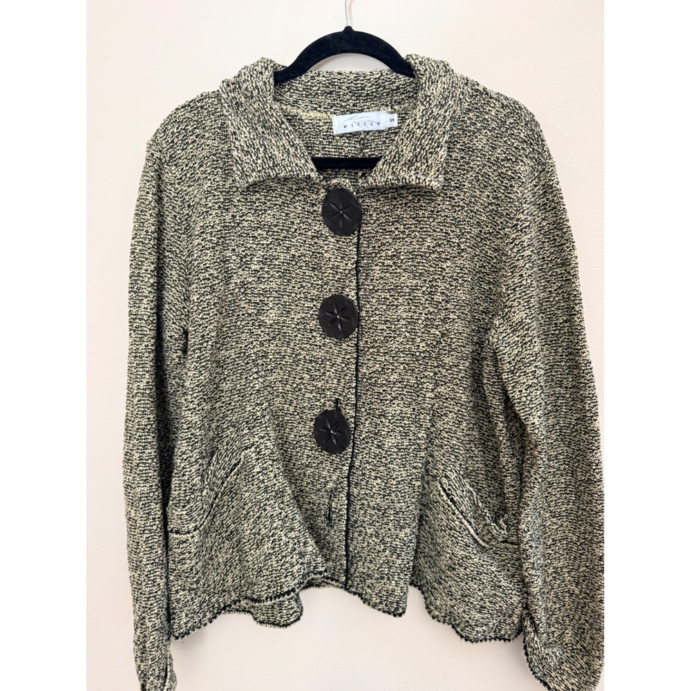 Willow Womens Black Cream Marled Knit Jacket Starburst Buttons Made in USA Small